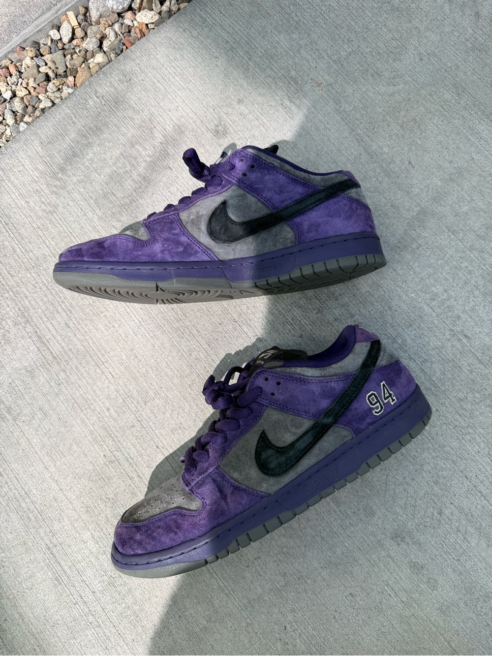 Supreme Men’s Purple & Gray Suede Sneakers with Black Swoosh